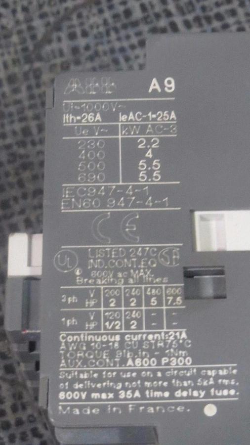 Used LOT OF 4 ABB CONTACTOR 21 AMP 600 VAC 110-120V COIL 7.5 HP  MODEL: A9-30-01