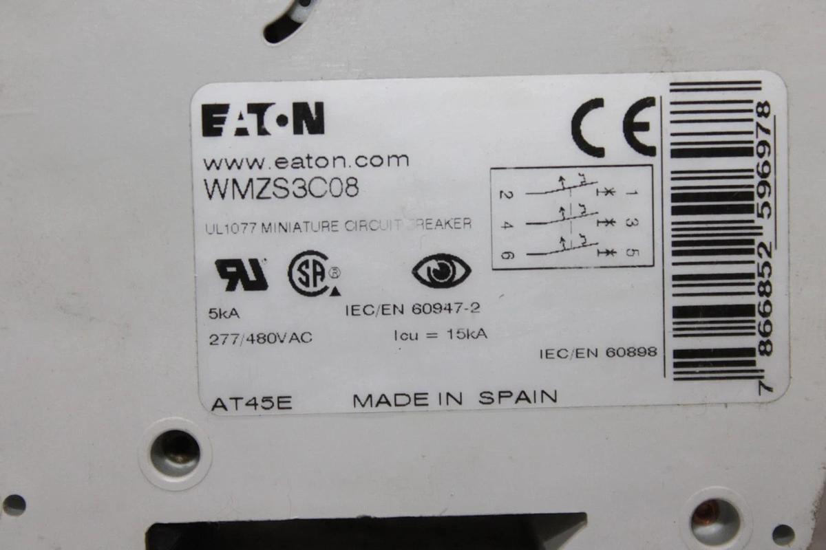 Used EATON CIRCUIT BREAKER WMZS3C08 3-POLE 8 AMP 277/480 VAC C8