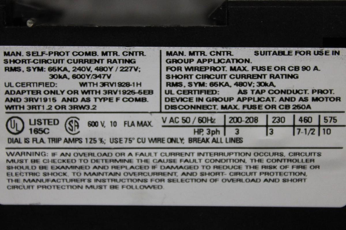 Used SIEMENS MANUAL MOTOR STARTER 3RV1021-1JA10 600 VOLT 7-10 AMP 10 HP *WARRANTY*