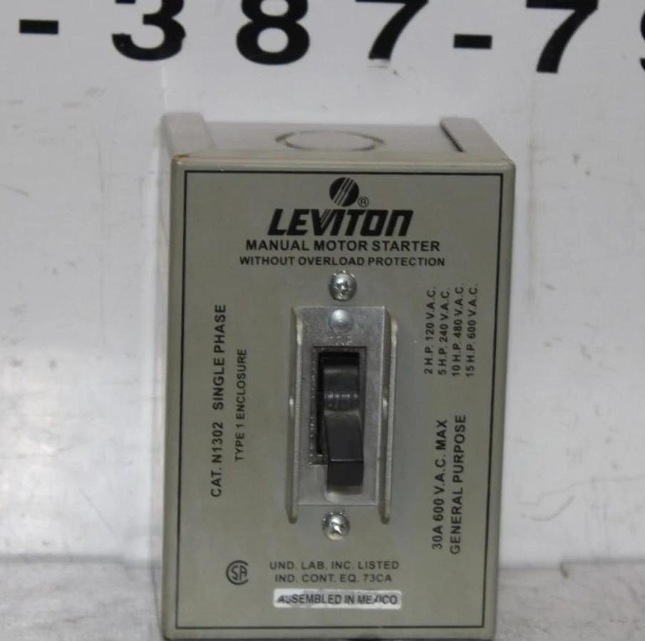 Used LEVITON MANUAL MOTOR STARTER N1302 SINGLE PHASE 30 AMP 600 VAC 15 HP