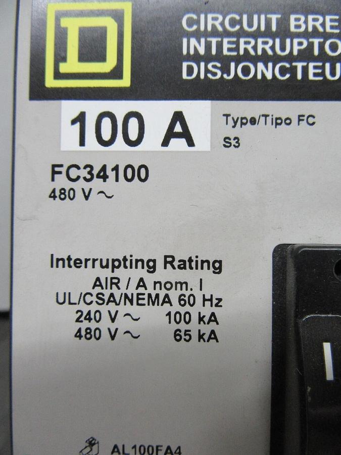 Used SQUARE D I-LINE CIRCUIT BREAKER FC34100 100 AMP 480 VAC 3-POLE **WARRANTY**