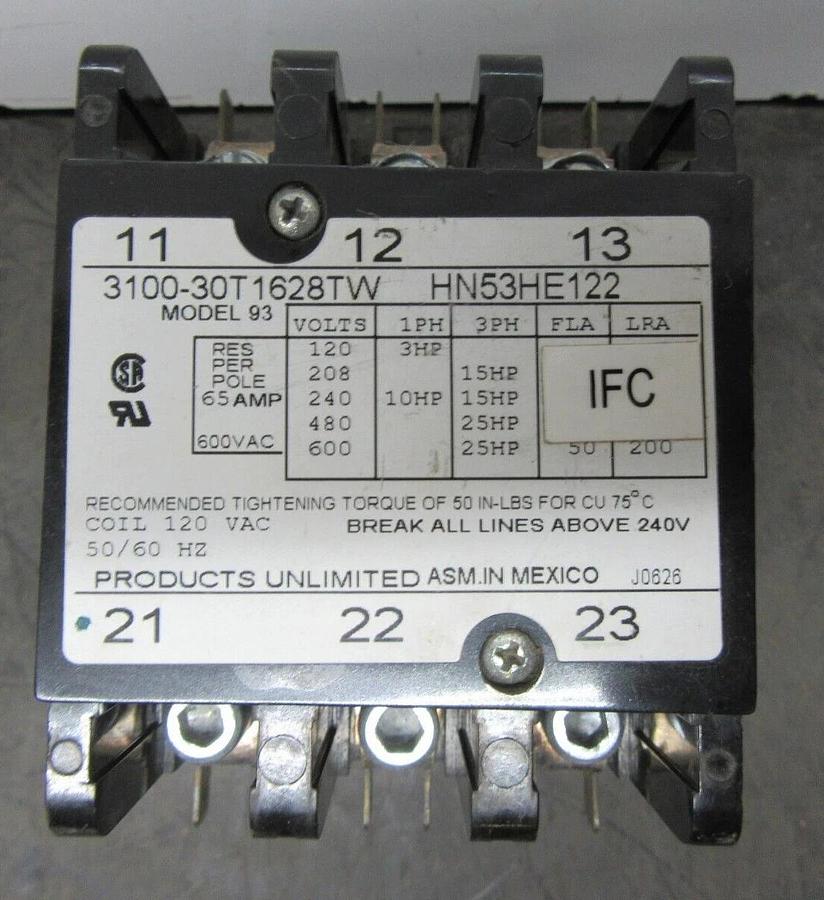 Used PRODUCTS UNLIMITED CONTACTOR 3100-30T1628TW HN53HE122 600 VAC 50 AMP COIL: 120 V