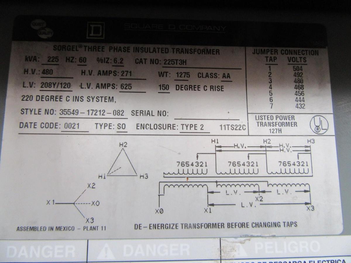 Used SQUARE D TRANSFORMER 225T3H 225 KVA PRI: 480V @ 271 A SEC: 208Y/120 @ 625 A 3R