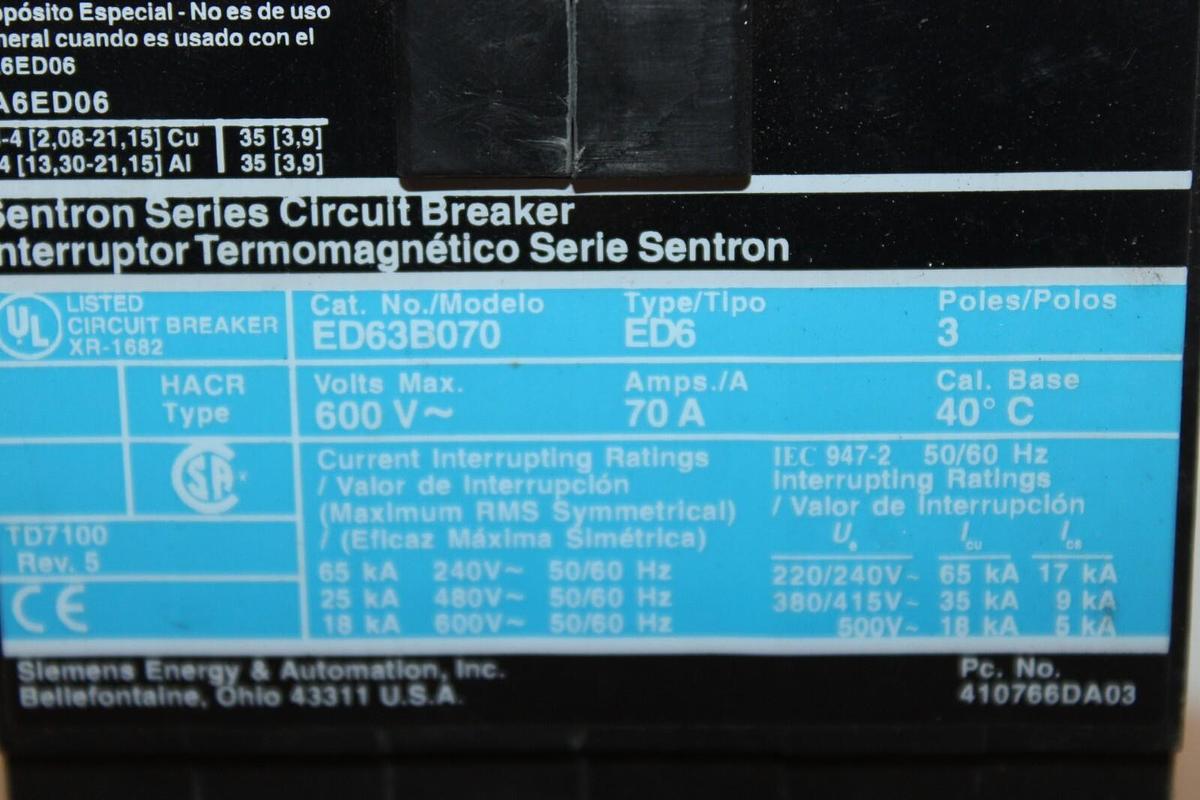 Used SIEMENS ED6 CIRCUIT BREAKER ED63B070 70 AMP 600 VAC 3-POLE **WARRANTY INCLUDED**