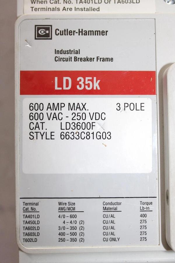 Used CUTLER-HAMMER CIRCUIT BREAKER LD3600F 600 AMP 3-POLE 600 VAC *WARRANTY*