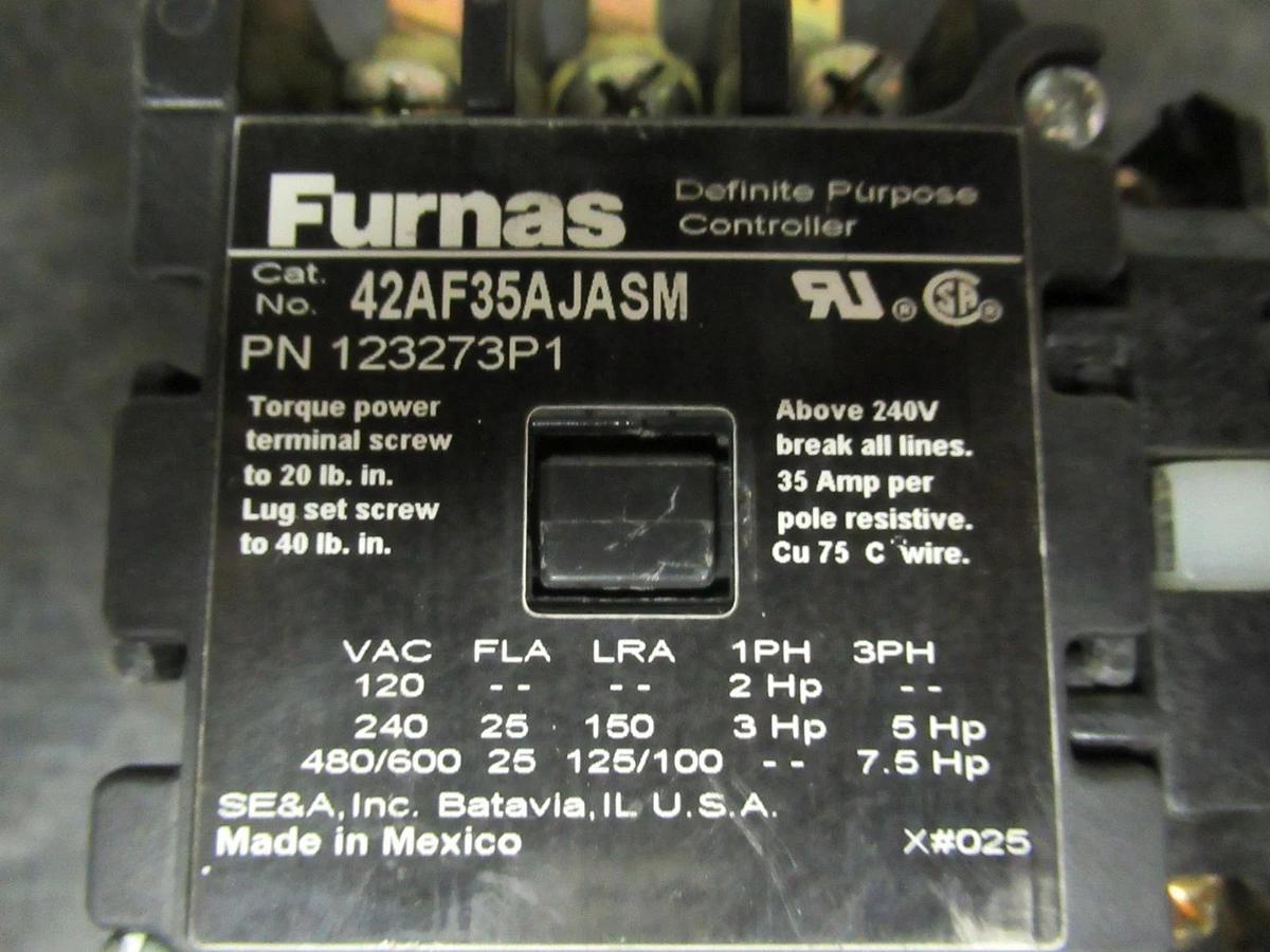 Used FURNAS DEFINITE PURPOSE CONTACTOR 42AF35AJASM 25A 600V 7.5HP 24 VAC