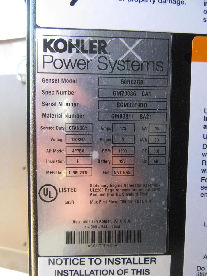 Used 50 KW GENERATOR KOHLER 5.0 NATURAL GAS / LP 120/208V 3 PH 347 HRS ENCLOSED VIDEO