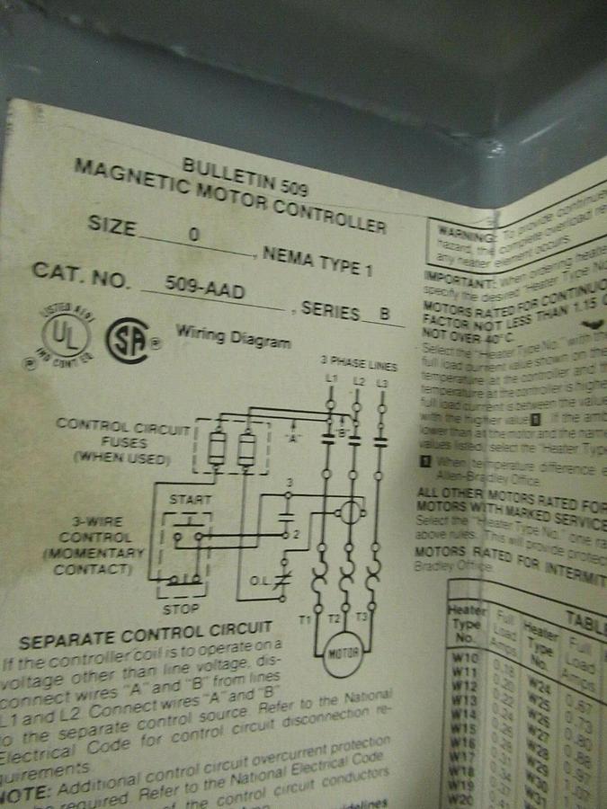 Used ALLEN BRADLEY ENCLOSED STARTER SIZE 0 NEMA TYPE 1 509-AAD SER. B W/ 509-AOD