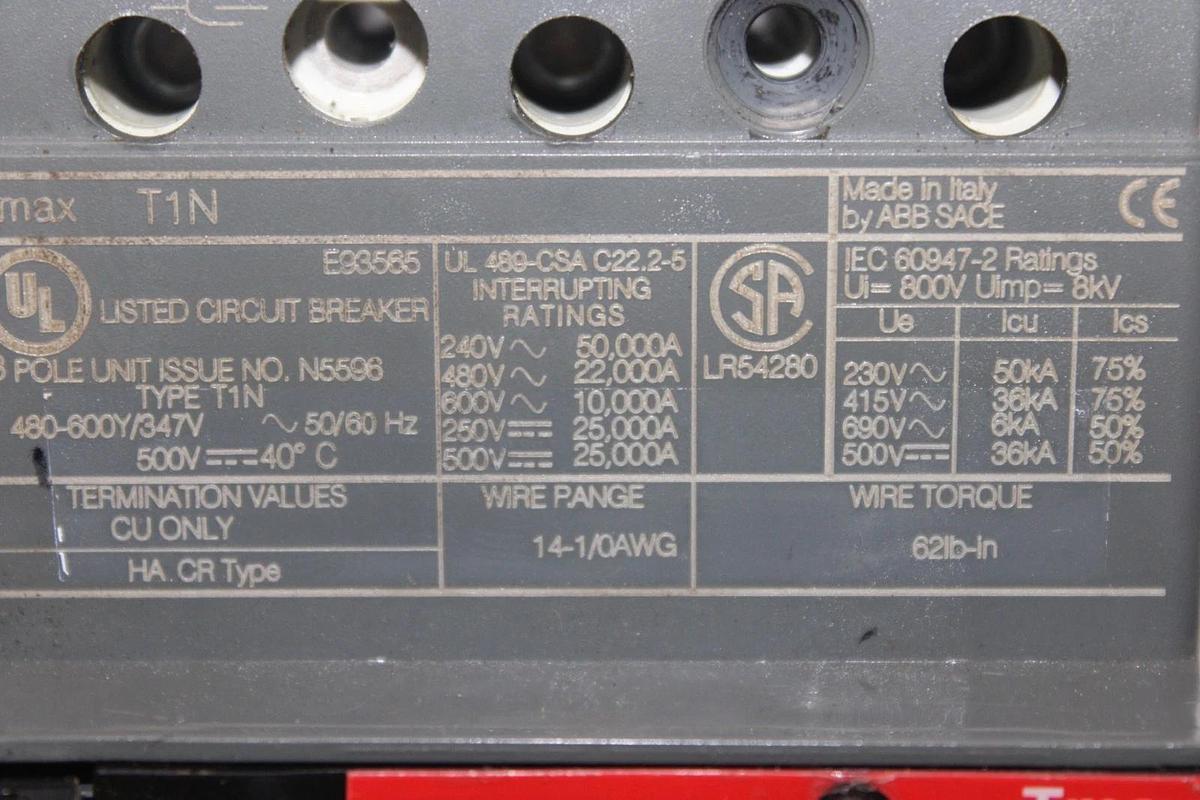 Used ABB CIRCUIT BREAKER T1N TMAX 80 AMP 600 VAC 3-POLE **WARRANTY INCLUDED**