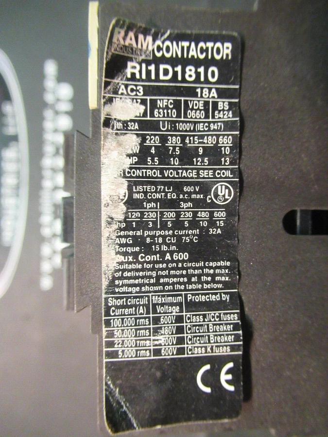 Used RAM CONTACTOR RI1D1840 RI1-D18-10 600 VAC 32 AMP 15 HP COIL: 120 VOLT