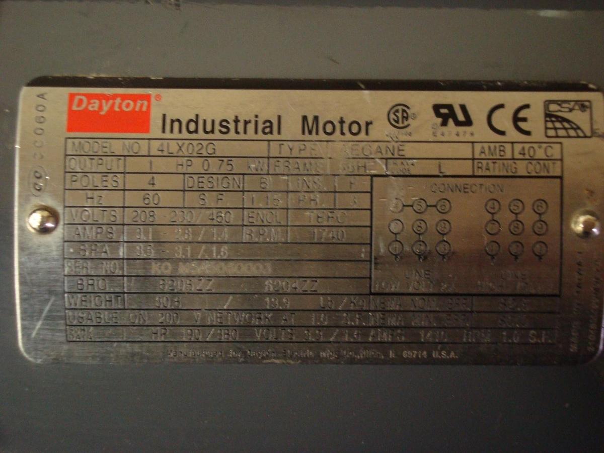 Used DAYTON 4LX02G .75 HP INDUSTRIAL MOTOR 4 POLE TEFC