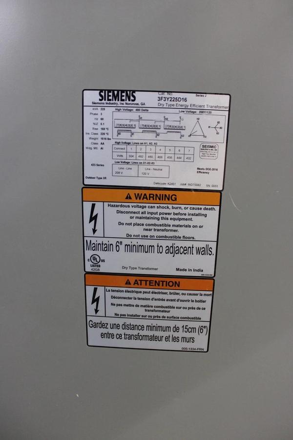 225 kVA SIEMENS TRANSFORMER 3F3Y225D16 HIGH: 480V LOW: 208/120V NEMA 3R 3-PHASE