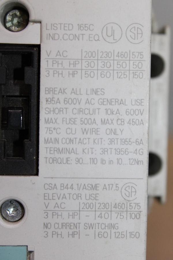 Used SIEMENS CONTACTOR 3RT1055-6...6 600 VAC 195 AMP 3-PHASE 150 HP COIL: 120 VAC