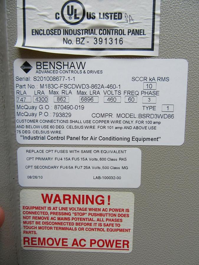 Used MCQUAY BENSHAW 650 HP STARTER 862 AMPS 460 VAC 3 PH M183C-FSCDWD3-862A-460-1