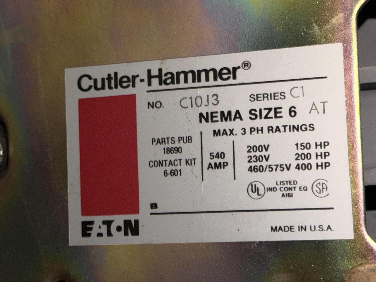 Used CUTLER-HAMMER NEMA CONTACTOR C10J3 NEMA SIZE 6 540 AMP 600V 400 HP