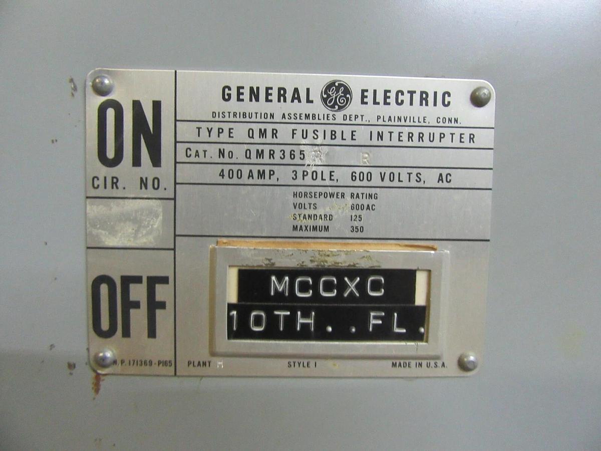 Used GE QMR PANELBOARD FUSIBLE DISCONNECT QMR365R 400 AMP 600 VAC 350 HP 3-PHASE