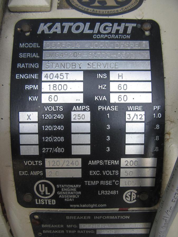 Used 60 KW DIESEL GENERATOR KATOLIGHT 120/240V RE-CONNECTABLE SOUND ENCLOSED 884HRS