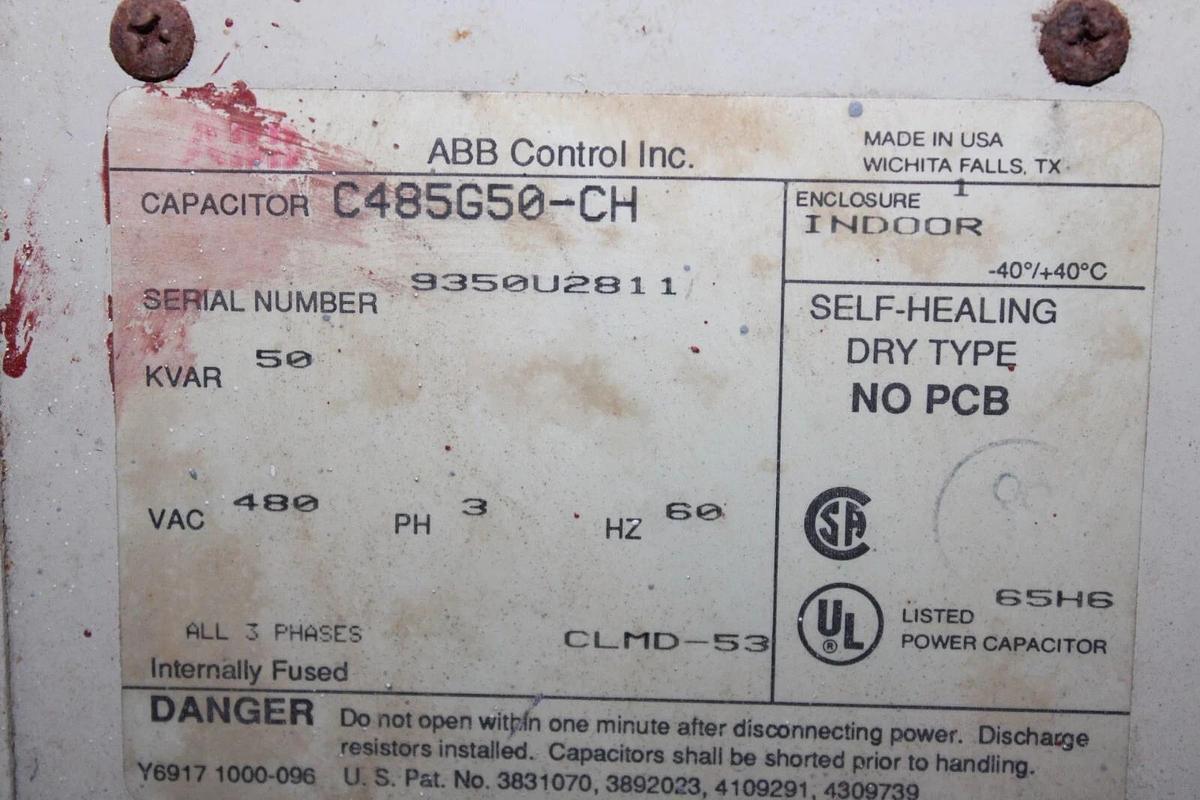 Used ABB LVNQ DRY CAPACITOR 50 KVAR 480 VAC 3-PHASE SELF-HEALING