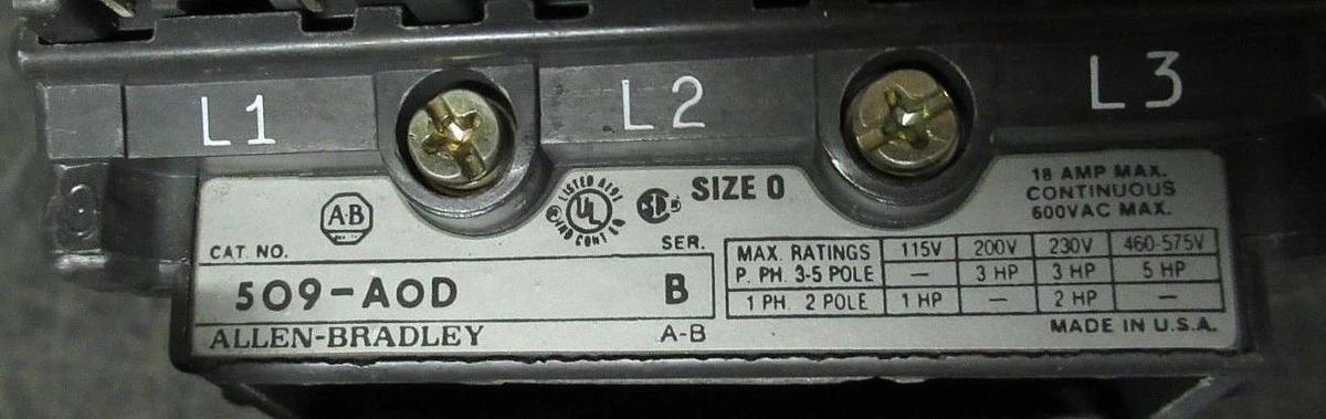 Used ALLEN-BRADLEY STARTER 509-A0D NEMA 0 600V 18A 5HP W/ 42185-800-01 OVERLOAD