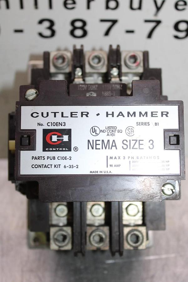 Used CUTLER-HAMMER CONTACTOR C10EN3 NEMA SIZE 3 90 AMP 600 VAC 3-POLE COIL: 120 V