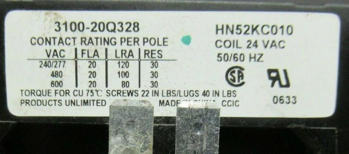 Used PRODUCTS UNLIMITED CONTACTOR 3100-20Q328 20 AMP 600 VAC COIL: 24 VAC 30 AMP/RES