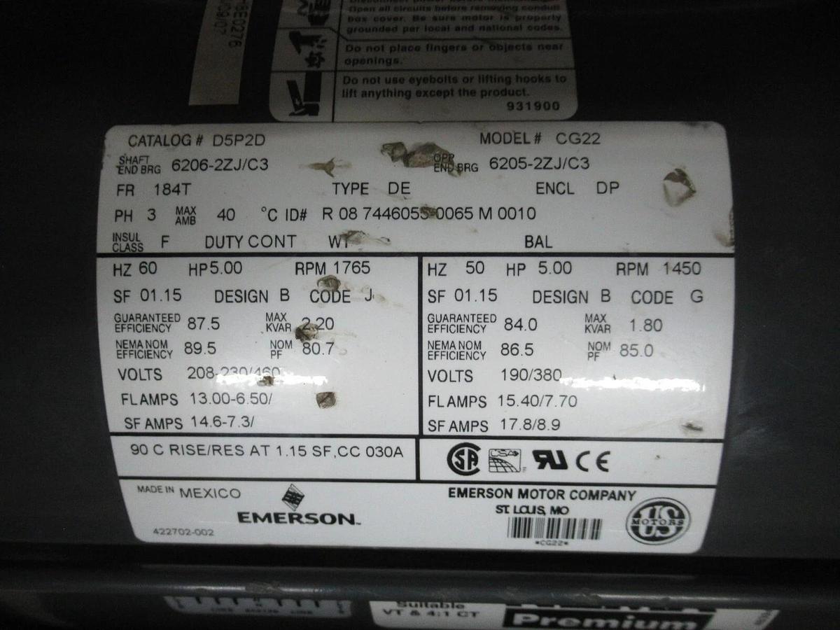 Used EMERSON 182T MOTOR D5P2D 5 HP ENCL. DP 1765 RPM 3-PHASE 460 VOLT 1.15 SF