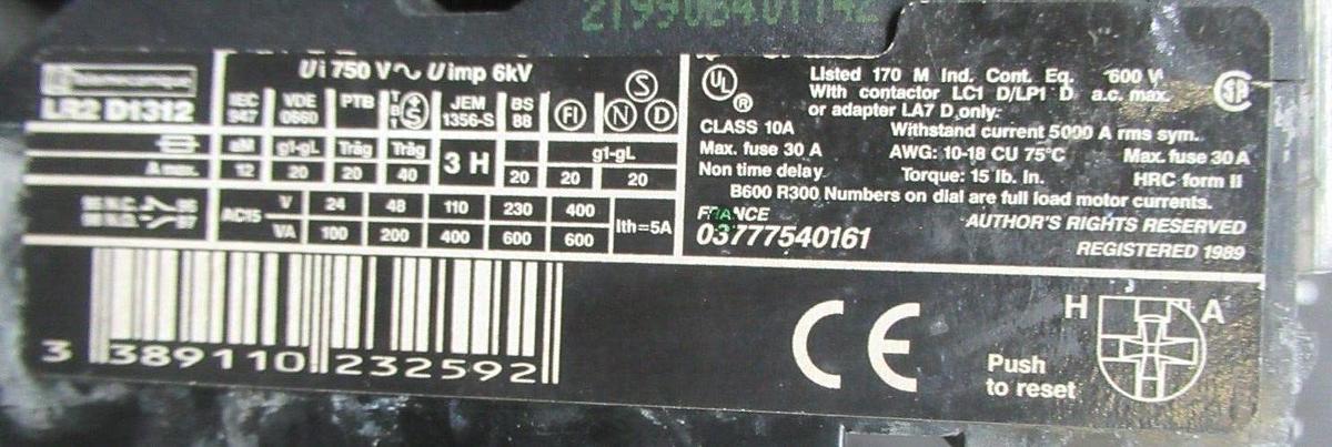 Used TELEMECANIQUE STARTER LC1D1206 W/ OVERLOAD RELAY LR2-D1312 25 AMP 600 VAC 10 HP