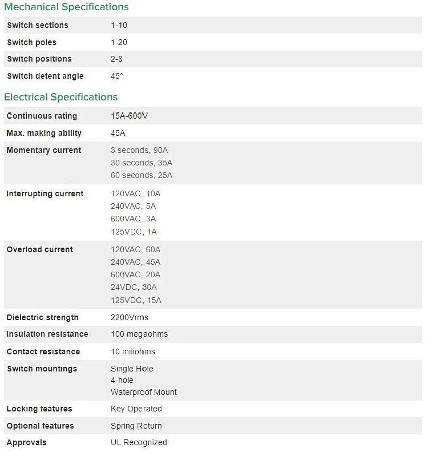 Used ELECTROSWITCH SERIES 31 CONTROL SWITCH 3109C 3-PHASE 125-600 VAC 10-3 AMP