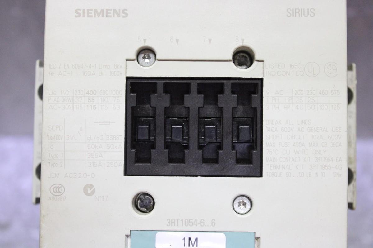 Used SIEMENS SIRIUS CONTACTOR 3RT1054-6...6 600 VAC 140 AMP 125 HP 3-POLE 3-PHASE