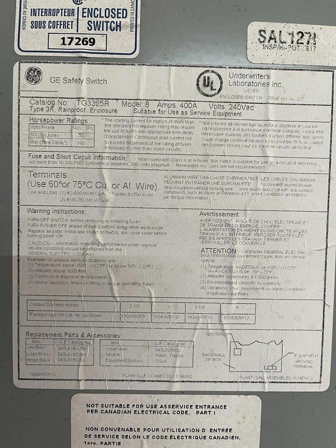 Used GENERAL ELECTRIC SAFETY DISCONNECT SWITCH TG3325R 400 AMP 240 VAC 100 HP NEMA 3R