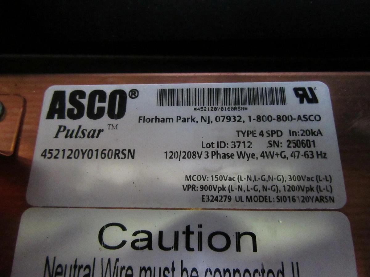Used ASCO PULSAR 452 SURGE PROTECTOR 452120Y0160RSN 120/208V 3-PHASE NEMA 4/12 ENCL