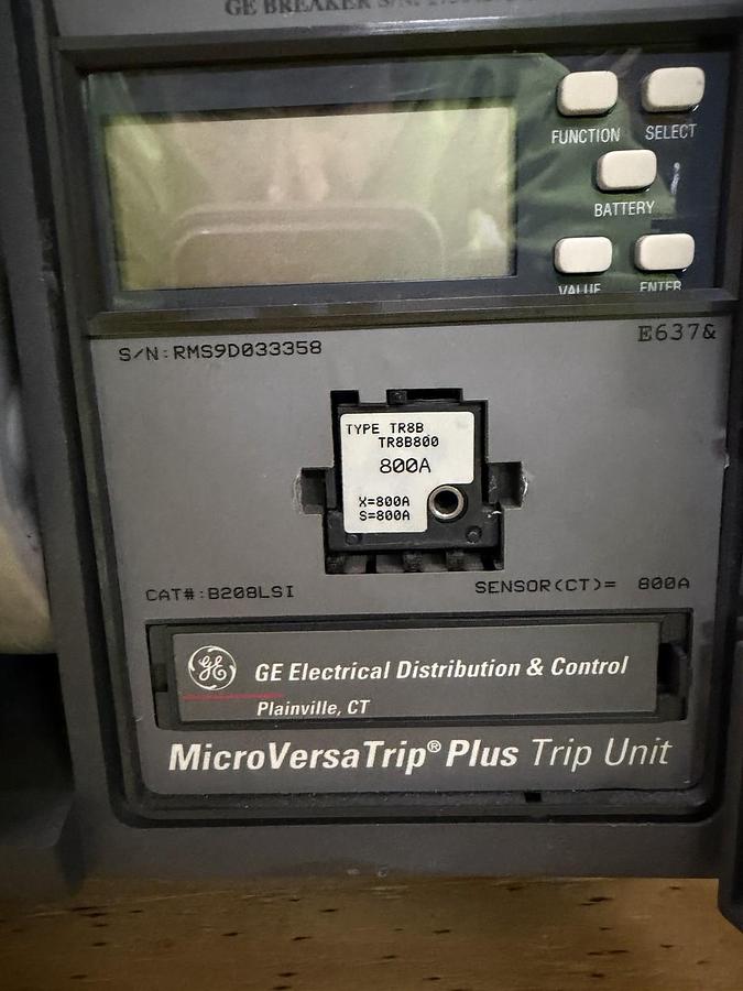 Used GE SSD08B208 800 AMP BREAKER MICRO VERSA TRIP LSI SHUNT BELL ALARM W/ PAPERWORK