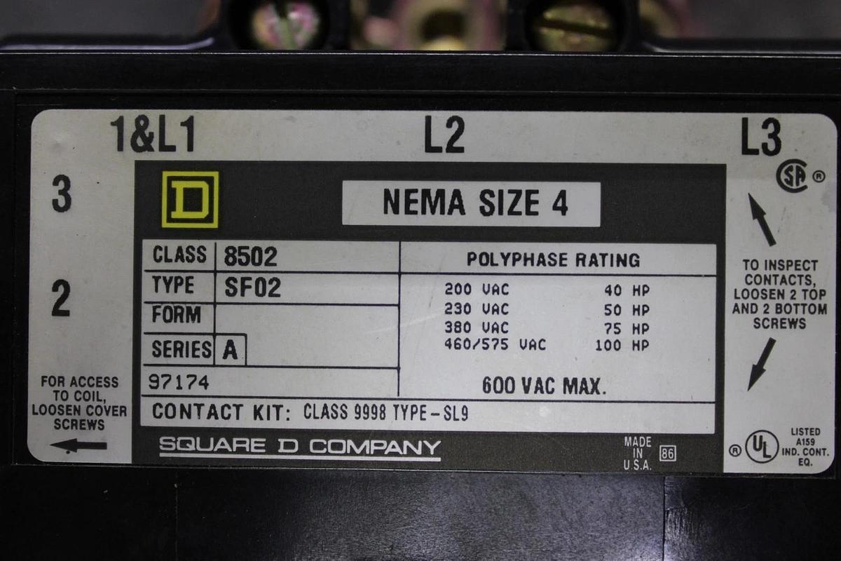 Used SQUARE D CONTACTOR 8502SF02 NEMA SIZE 4 600 VAC 100 HP COIL: 120 VOLT