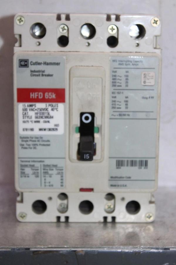 Used CUTLER-HAMMER CIRCUIT BREAKER HFD3015L 15 AMP 600 VAC 3-POLE