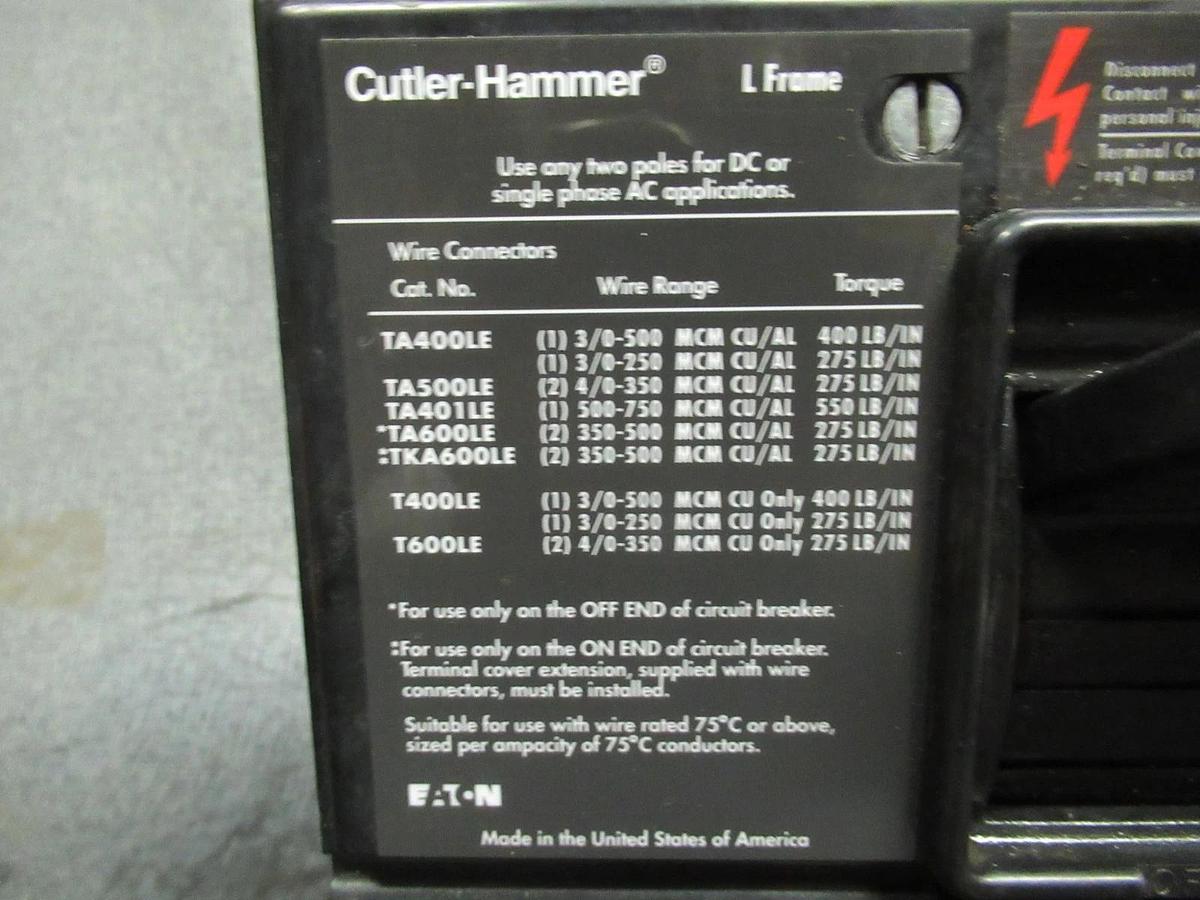 Used CUTLER HAMMER BREAKER LS36F600E 3-POLE 600A 600VAC 250VDC W/ SHUNT TRIP AND LUGS