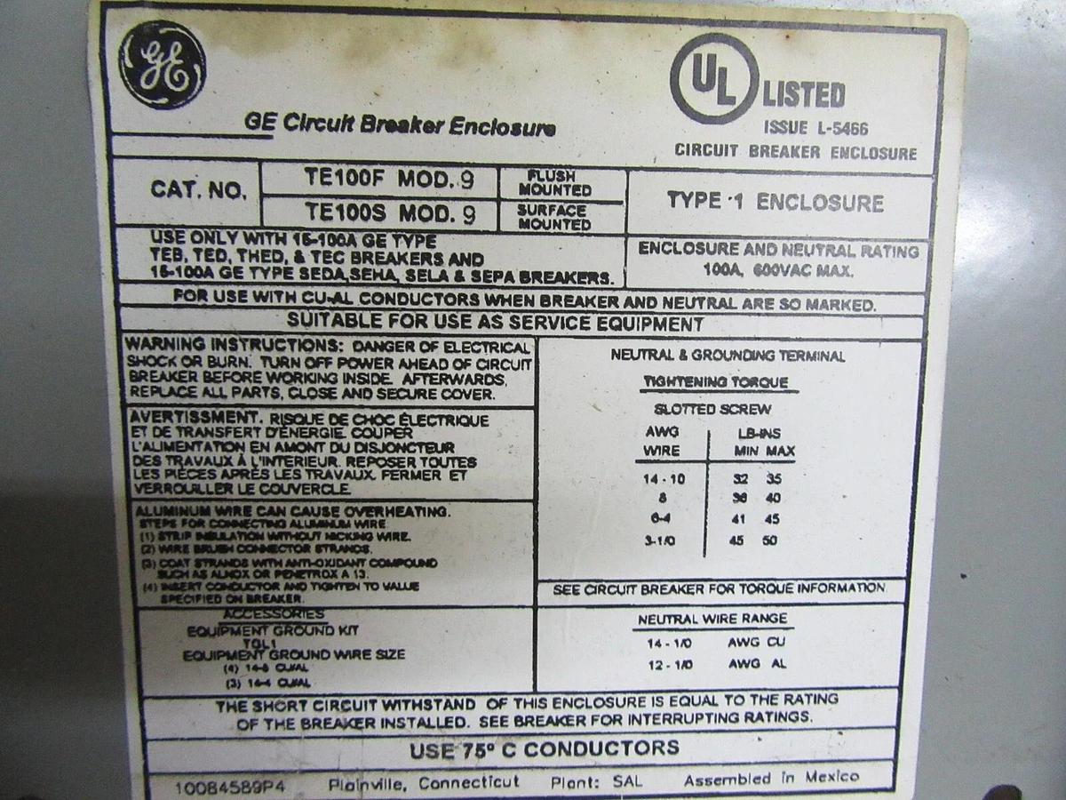 Used GE CIRCUIT BREAKER ENCLOSURE TE100F MOD. 9 TYPE 1 ENCL. W/ SEHA36AT0100