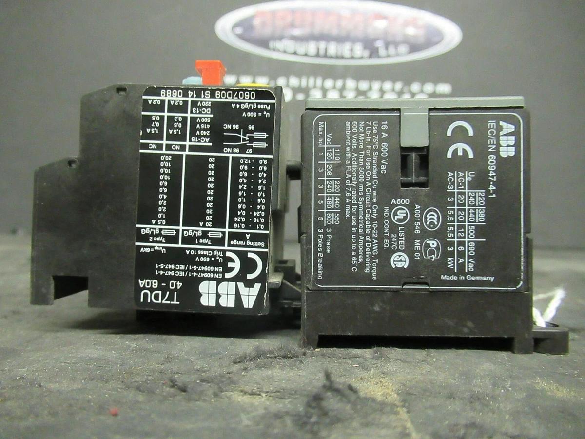 Used 16 AMP ABB STARTER B7-30-10 600 VAC 5 HP COIL: 24 VAC W/ T7DU OVERLOADS 4-6 AMP