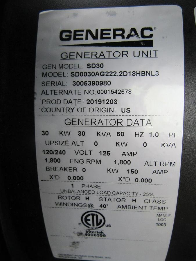 Used 2020 30KW DIESEL GENERATOR GENERAC 120/240 VOLT SINGLE PHASE 75 HR PERKINS 30 KW