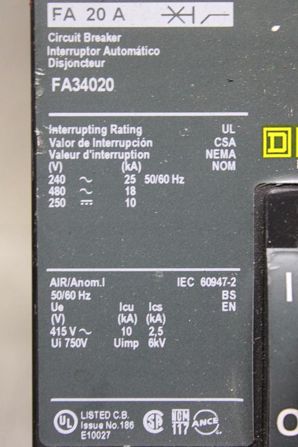 Used SQUARE D I-LINE CIRCUIT BREAKER FA36100 100 AMP 600 VAC 3-POLE