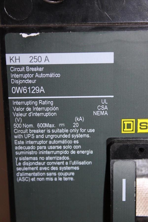 Used SQUARE D CIRCUIT BREAKER OW6129A KH-250A 250 AMP 600 VDC 2-POLE *WARRANTY*