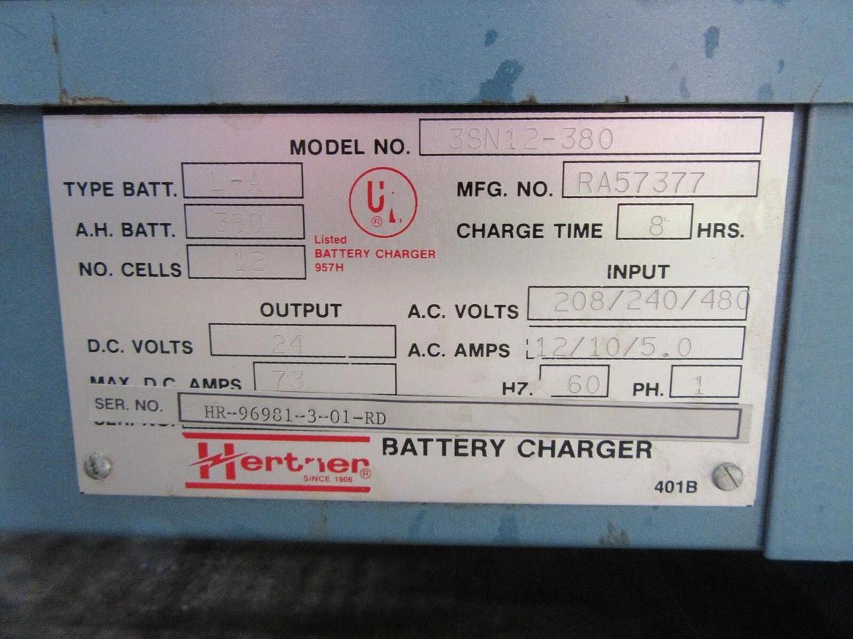 Used 24 VOLT HERTNER BATTERY CHARGER 73 AMPS 3SN12-380 208/240/480 V 3 PH 380 AH