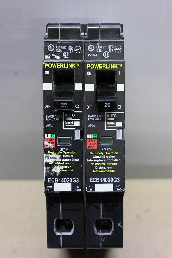 Used LOT OF 2 SQUARE D POWERLINK CIRCUIT BREAKER ECB14020G3 20 AMP 480/277 VAC 1-POLE