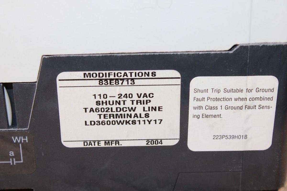 Used CUTLER HAMMER MOLDED CASE SWITCH LD3600WKS11Y17 600 AMP 600 VAC 3-POLE