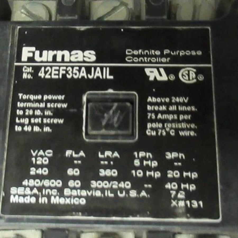 Used FURNAS CONTACTOR 42EF35AJAIL 60 AMP 600 VAC 75A/RES 40HP **WARRANTY INCLUDED**