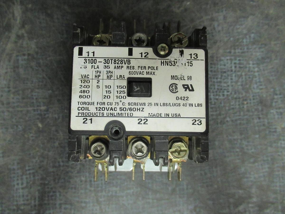 Used PRODUCTS UNLIMITED CONTACTOR 3100-30T828VB 25A 20HP 600V COIL: 120V