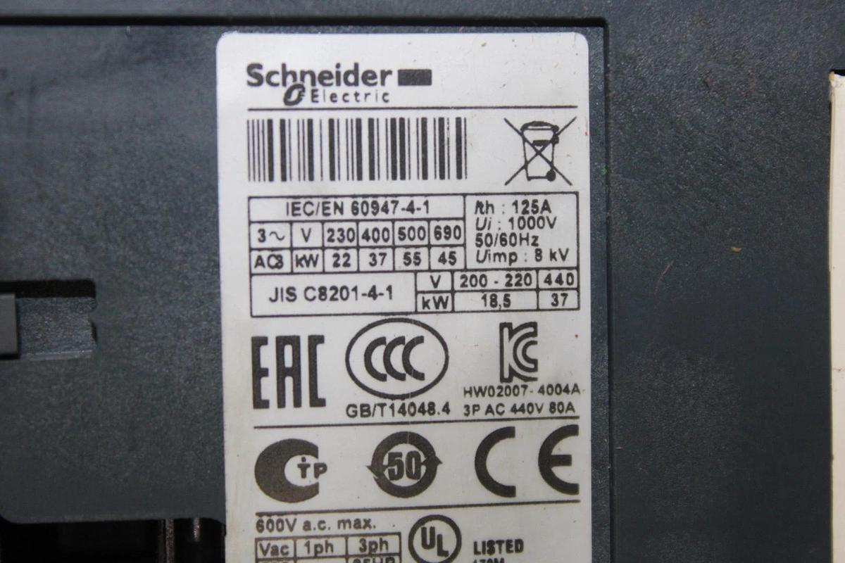 Used SCHNEIDER CONTACTOR LC1D80 110 AMP 600 VAC 60 HP 3-PHASE 3-POLE COIL: 110 VOLT