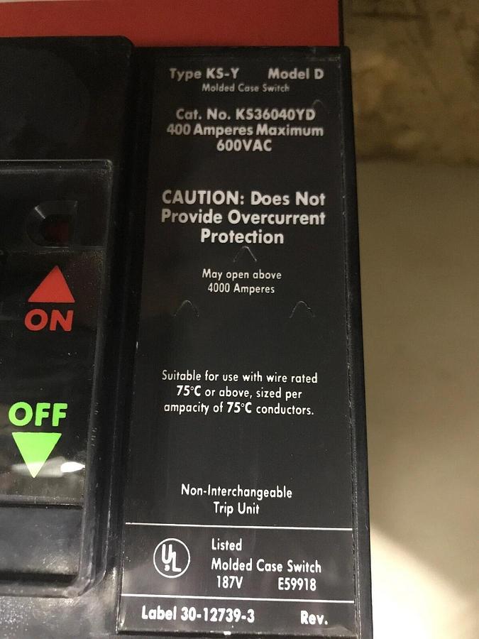 Used CUTLER-HAMMER CIRCUIT BREAKER KS36040YD KS-Y 400 AMP 600 VAC 3-POLE 3-PHASE