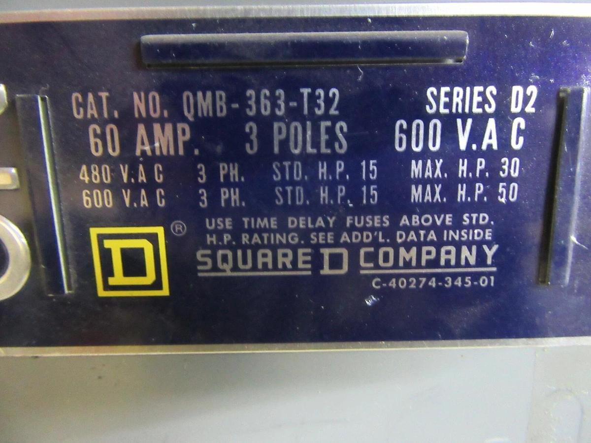 Used SQUARE D QMB TWIN PANELBOARD SWITCH QMB-363-T32 60 AMP 600 VOLT 15 HP