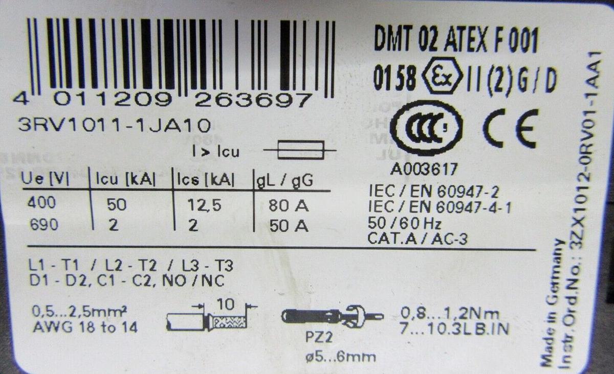 Used SIEMENS MOTOR SAVER 3RV1011-1JA10 600 VOLT 10 AMP 3-PHASE **WARRANTY**