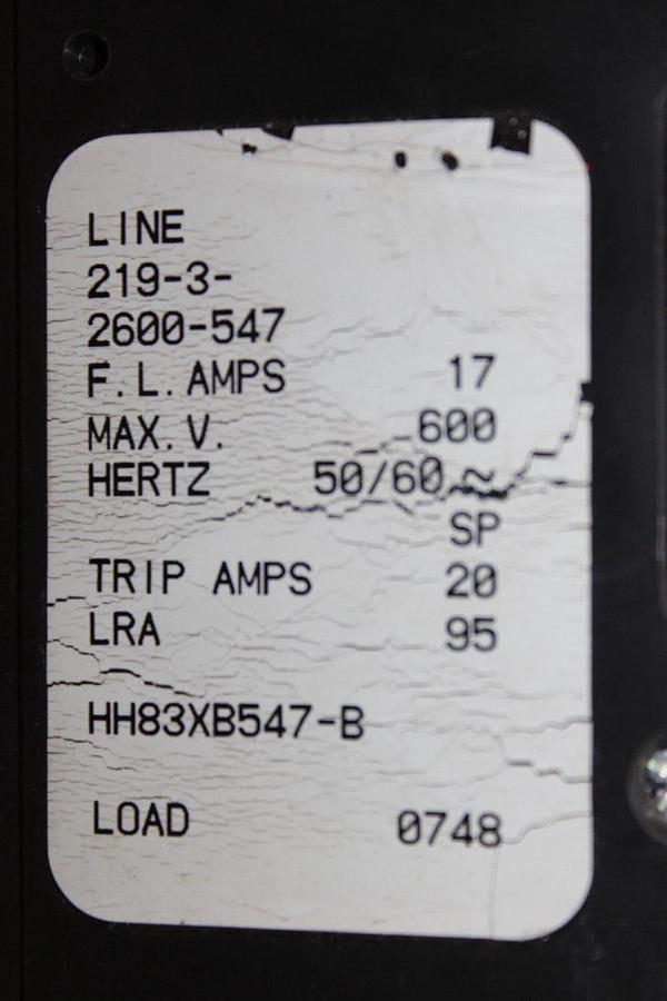 Used AIRPAX CIRCUIT BREAKER 3-POLE 219-3-2600-547 17-20 AMP 600V 50/60 HZ HH83XB547-B